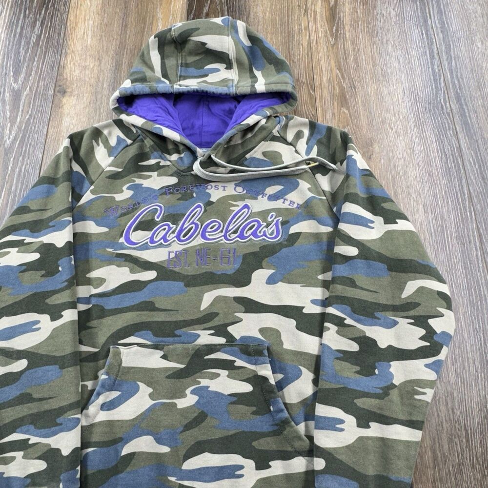 Vintage Cabelas Hoodie Womens XL Camo Sweatshirt Hunting Fishing Logo Sweater